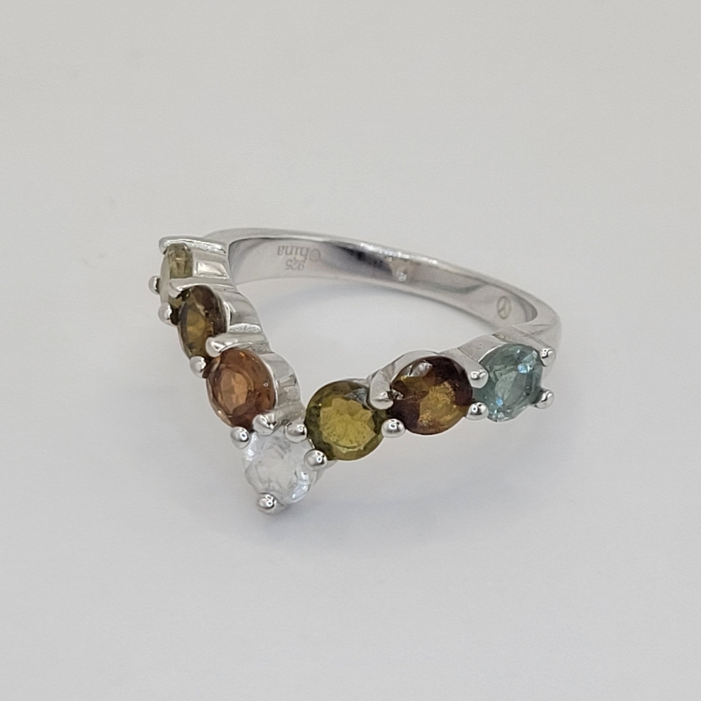 925 Sterling Silver Band w Multicolor Tourmaline Gemstones Chevron Ring Size 6